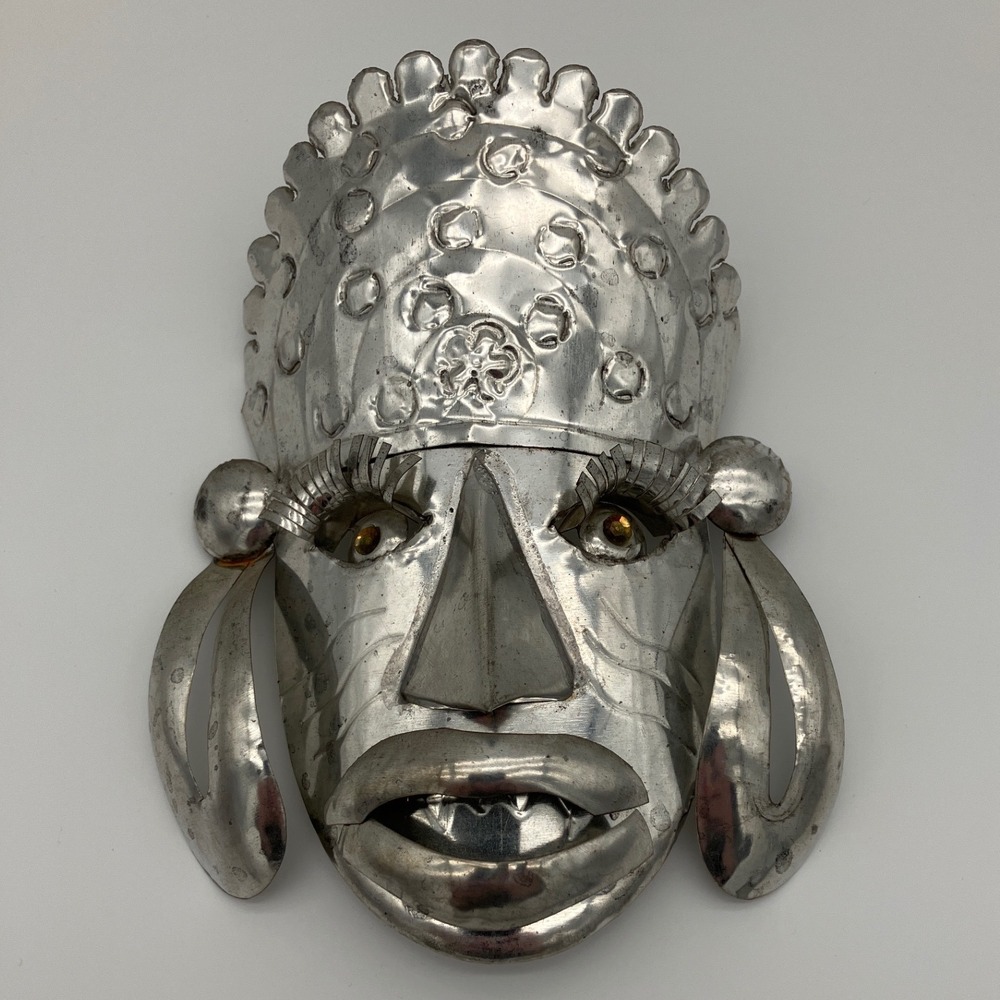 Vintage Mexican Folk Art Metal Mask Hojalata 7in Silver Hand Punched Warrior